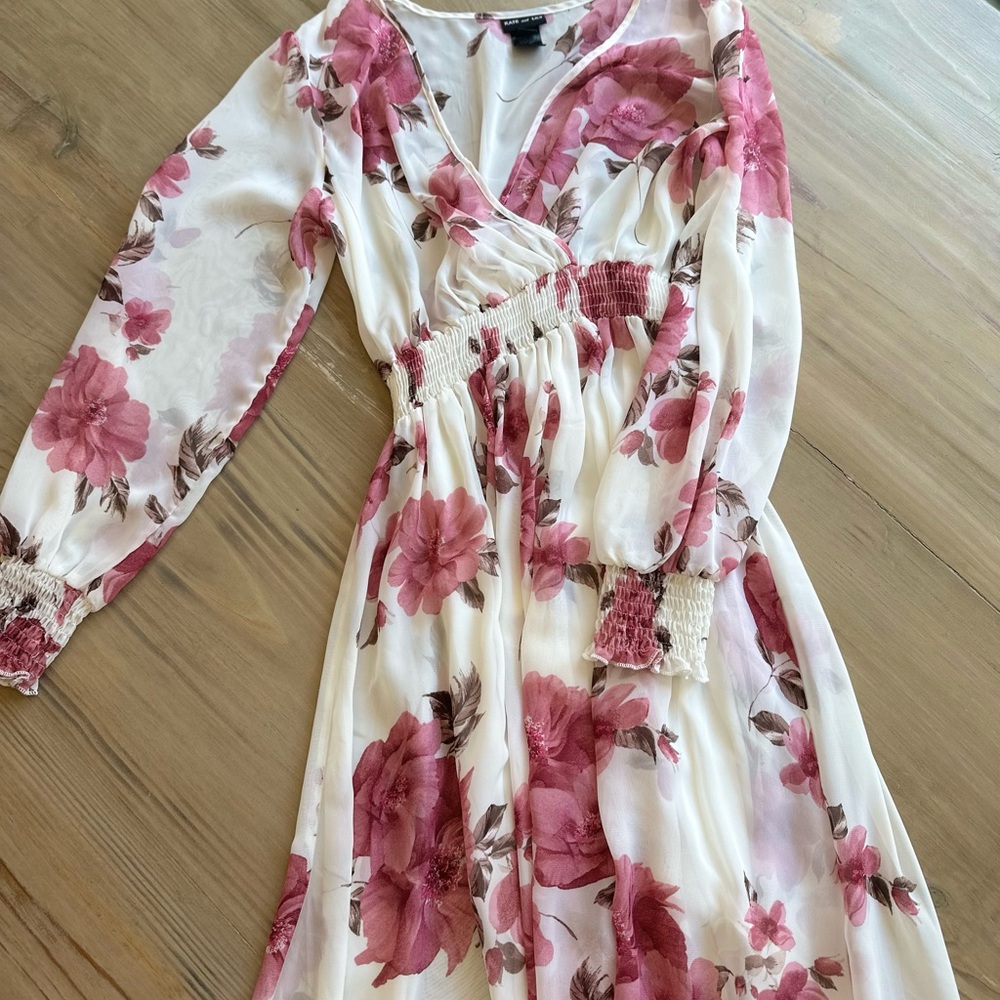 Long-Sleeve Floral Wrap Maxi Dress in Pink and White